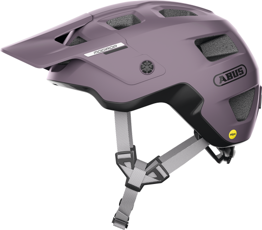 Purple helmet with Abus branding on a white background