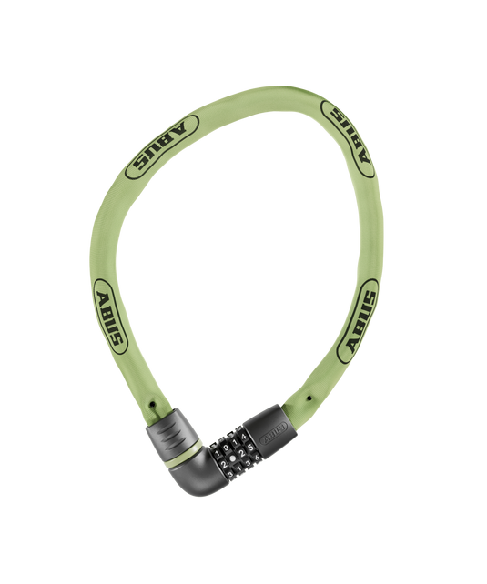 Green bicycle lock with ABUS branding on a white background