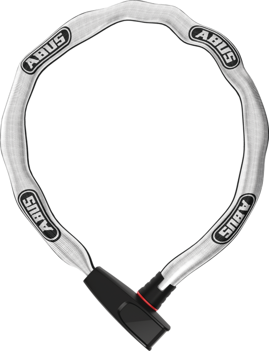 Silver Abus bicycle lock on a white background