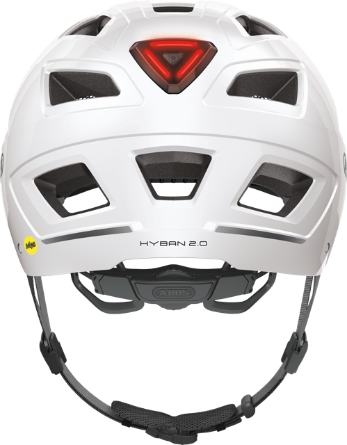 rear view of polar white Hyban 2.0 MIPS helmet with light on