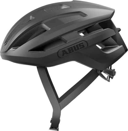 Black bicycle helmet with visible brand logo on a white background