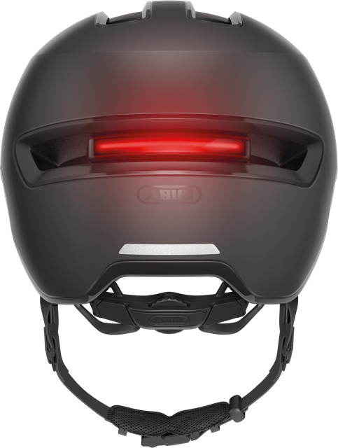 rear view of velvet black HUD-Y helmet with light on
