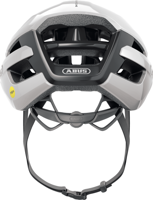 rear view of shiny white ABUS PowerDome MIPS helmet