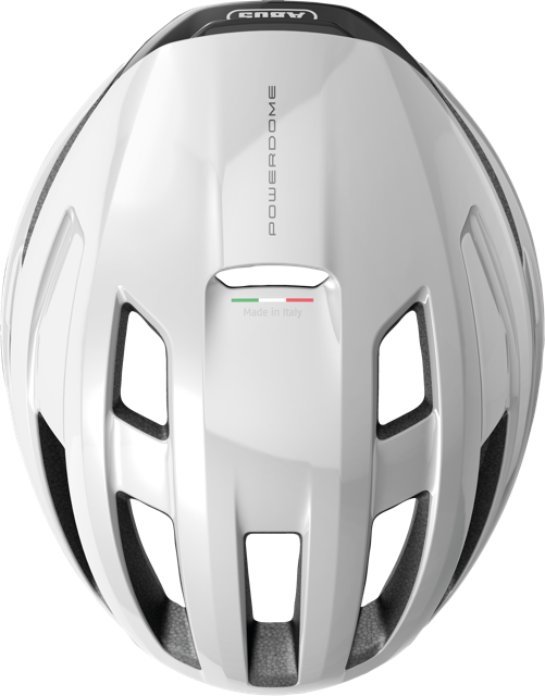 Top view of shiny white ABUS PowerDome MIPS helmet