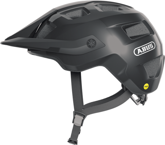 side view of shiny  black ABUS MoTrip MIPS helmet