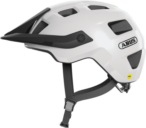 side view of shiny white ABUS MoTrip MIPS helmet 