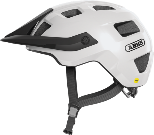 side view of shiny white ABUS MoTrip MIPS helmet 