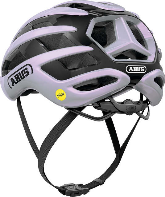 purple and black ABUS bicycle helmet on a white background.