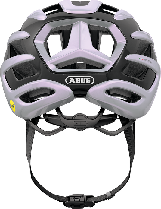 purple and black helmet with Abus logo on a white background.