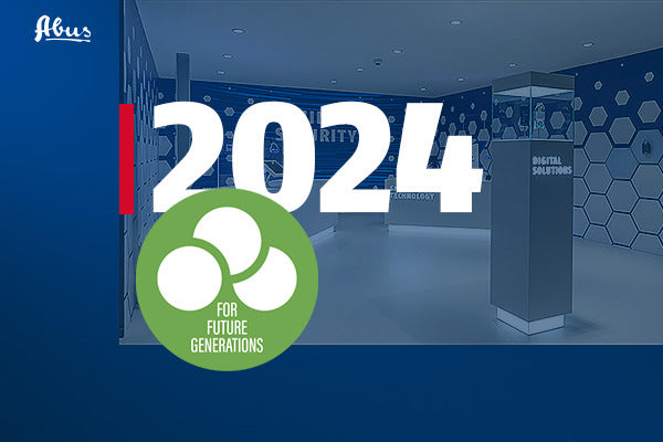 Promotional sustainability graphic for 2024 with 'Abus' branding and a futuristic interior background.
