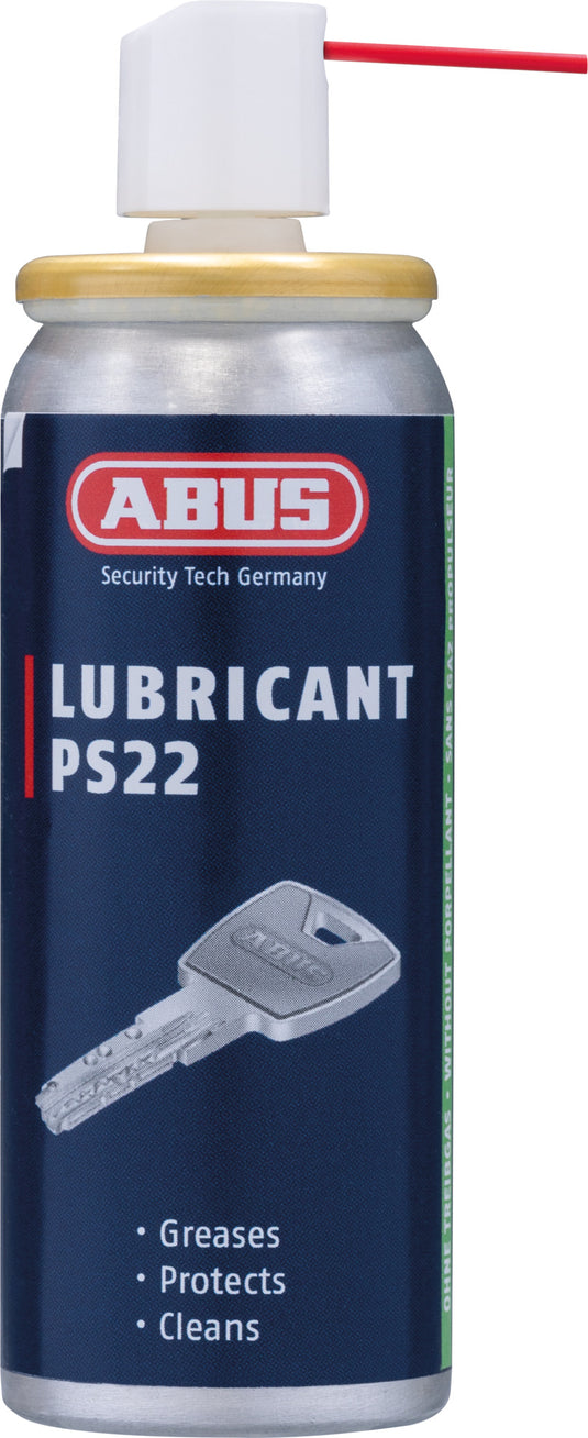 ABUS Lubricant PS22 can with key illustration on a blue background