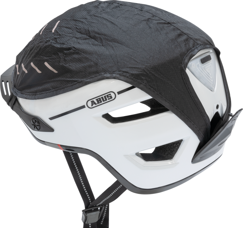 Load image into Gallery viewer, Helmet with black rain cover and Abus logo on a white background #color_pearl white 

