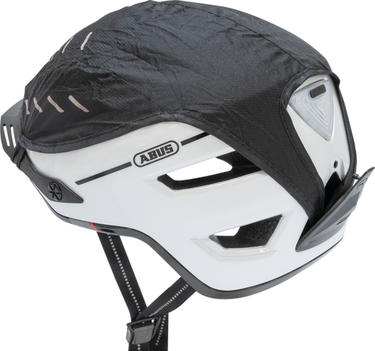 Helmet with black rain cover and Abus logo on a white background