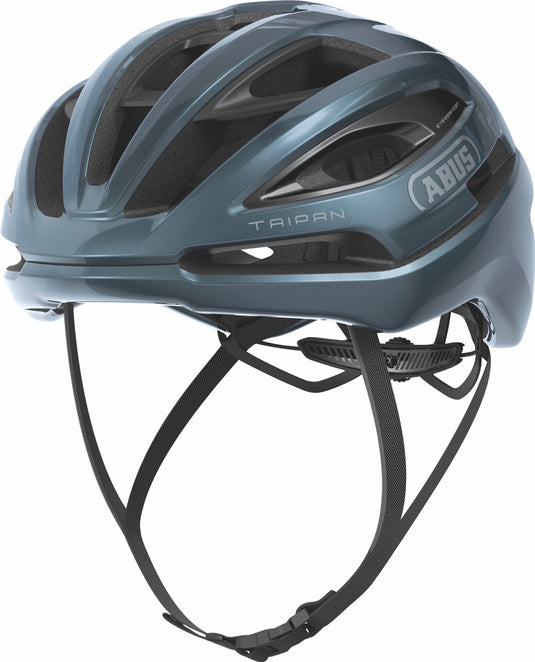 Blue bicycle helmet with 'ABUS' branding on a white