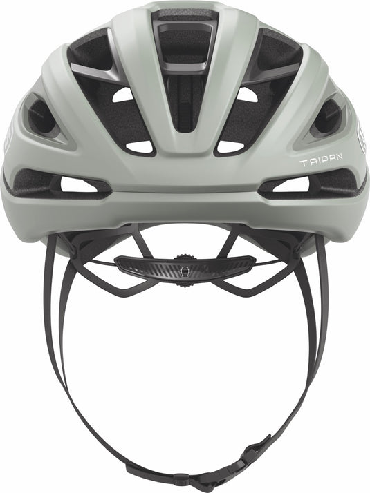 green bicycle helmet with black straps on a white background
