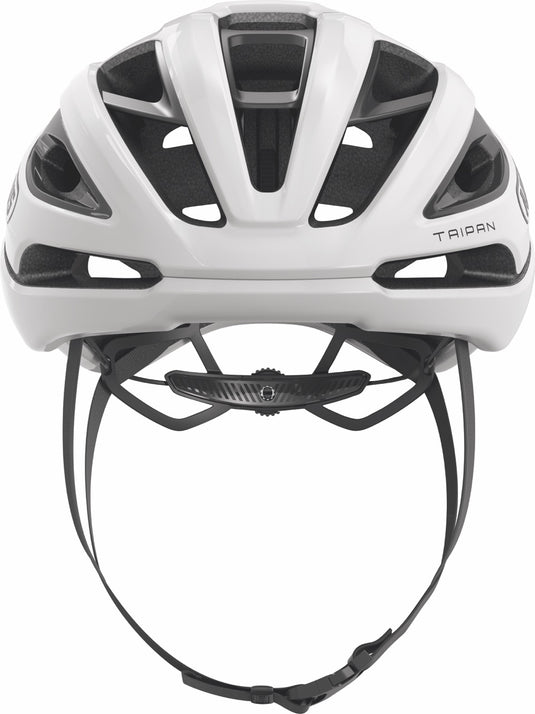 White bicycle helmet with black accents on a white background