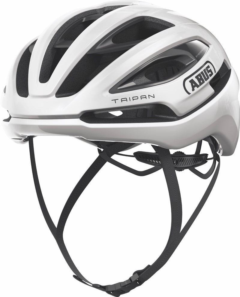 Load image into Gallery viewer, White bicycle helmet with black accents on a white background #color_shiny white
