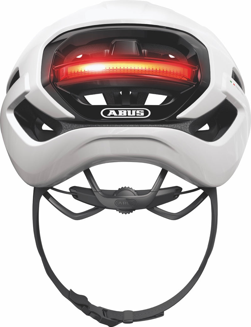 Load image into Gallery viewer, White helmet with a red light on a white background, featuring the ABUS brand. #color_shiny white
