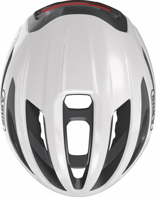 White bicycle helmet with black accents on a white background
