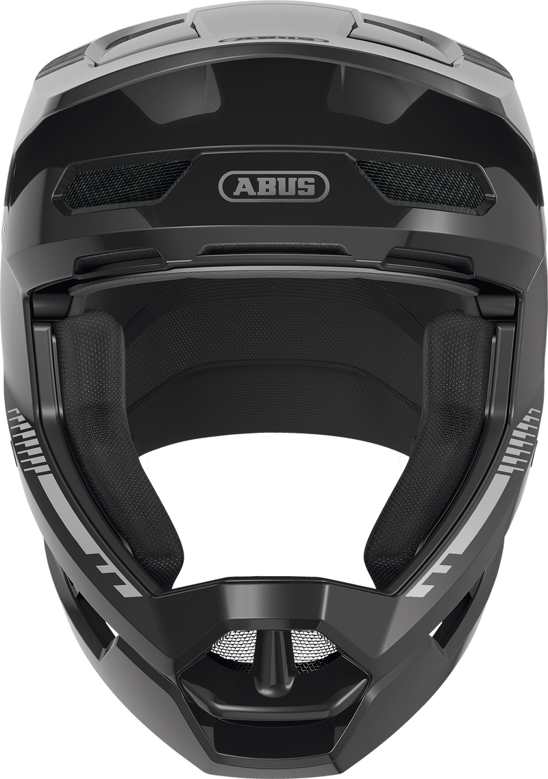 Load image into Gallery viewer, A close-up studio shot of a black full-face helmet with a visor, showing the interior padding and the ABUS logo on the forehead. #color_shiny black
