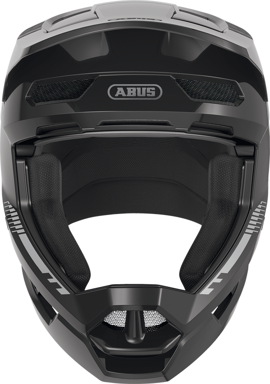 A close-up studio shot of a black full-face helmet with a visor, showing the interior padding and the ABUS logo on the forehead.