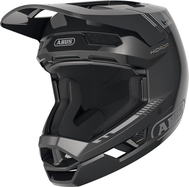 Load image into Gallery viewer, A black full-face mountain bike helmet with a visor, featuring the ABUS brand logo and 'HIDROP' text on the side, shown against a plain white background. #color_shiny black
