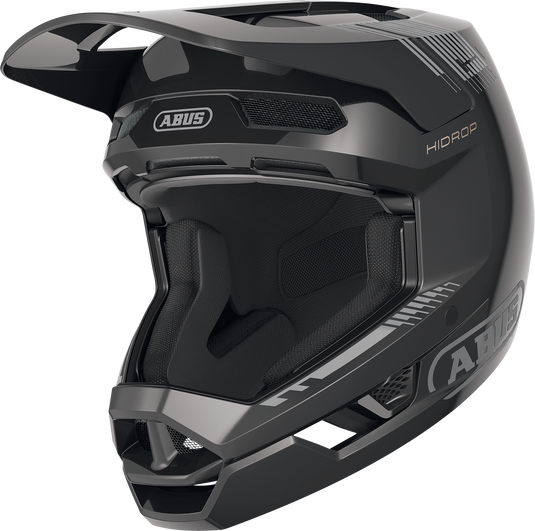 A black full-face mountain bike helmet with a visor, featuring the ABUS brand logo and 'HIDROP' text on the side, shown against a plain white background.