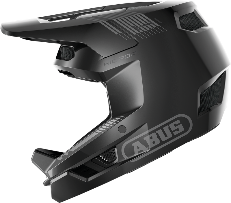 Load image into Gallery viewer, A  black full-face mountain bike helmet with a matching visor, featuring the 'ABUS' brand logo and 'HI-FLOW' text on the side, shown against a plain white background. #color_shiny black
