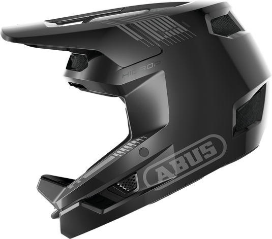 A  black full-face mountain bike helmet with a matching visor, featuring the 'ABUS' brand logo and 'HI-FLOW' text on the side, shown against a plain white background.